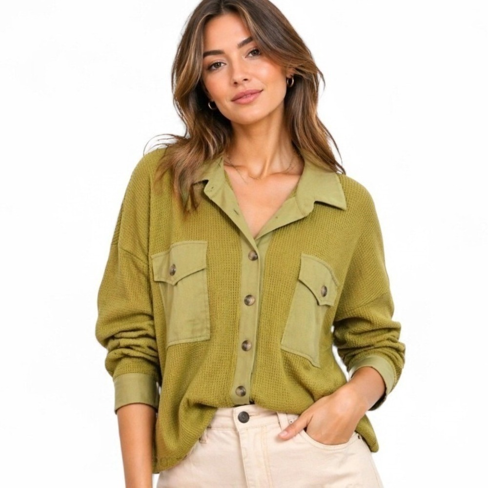Ces Femme Waffle Knit Button Front Olive Green Pockets Long Sleeve Top‎ XLarge